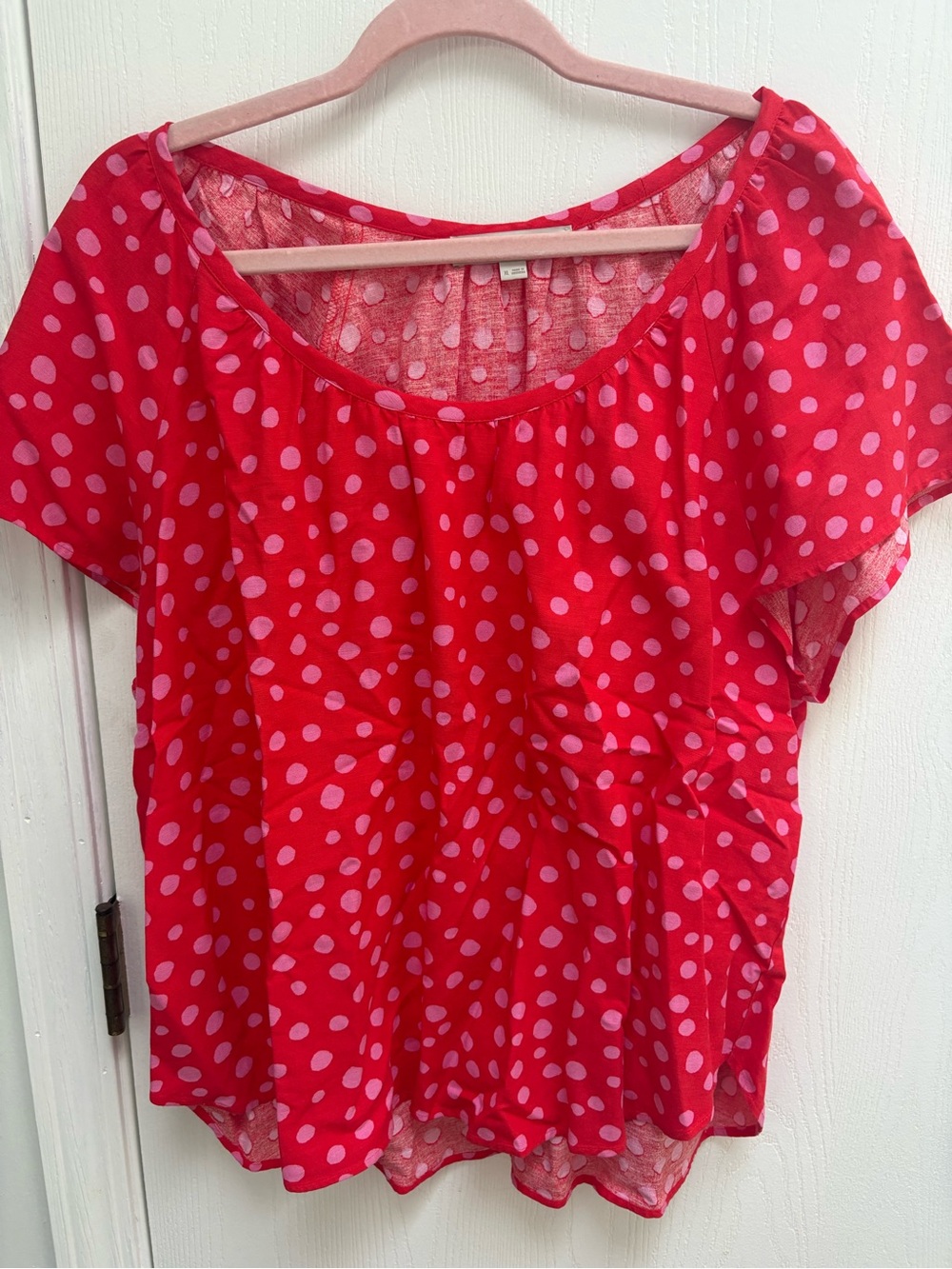 LOFT Red Blouse with Pink Polka Dots